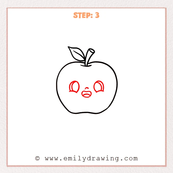 how to draw a cartoon apple - Cartoon apple outline with a leaf and stem, plus a cute face added—two large eyes with inner highlights, a small curved nose, and an open smiling mouth.